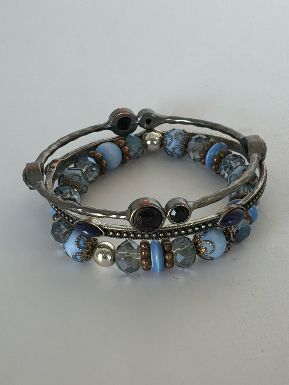 Blue Beaded Stretch Bracelet & Silver Tone Bangle Set of 3 Boho Jewelry